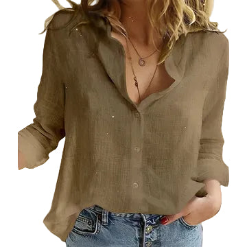 Womens Button Front Blouse with Collar and Long Sleeves