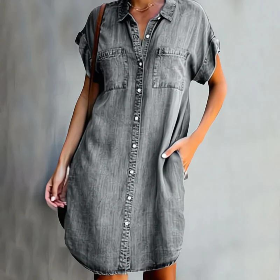 Womens Button Front Denim Shirt Dress with Chest Pockets