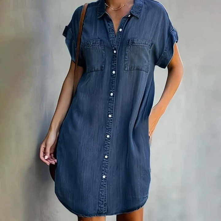Womens Button Front Denim Shirt Dress with Chest Pockets