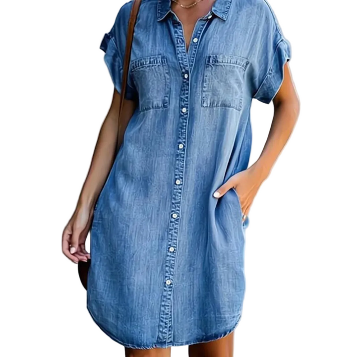 Womens Button Front Denim Shirt Dress with Chest Pockets