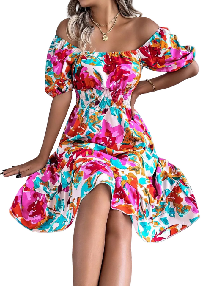 Womens Floral Midi Dress with Off Shoulder Neckline and Puff Sleeves