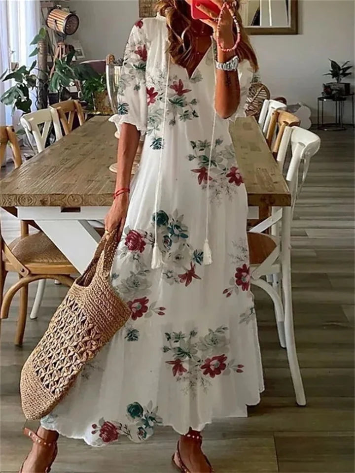 Womens Floral Print Maxi Dress with Half Sleeves and Tassel Tie