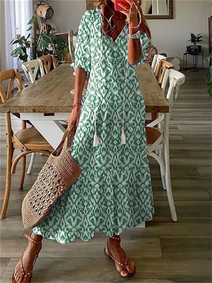 Womens Floral Print Maxi Dress with Half Sleeves and Tassel Tie
