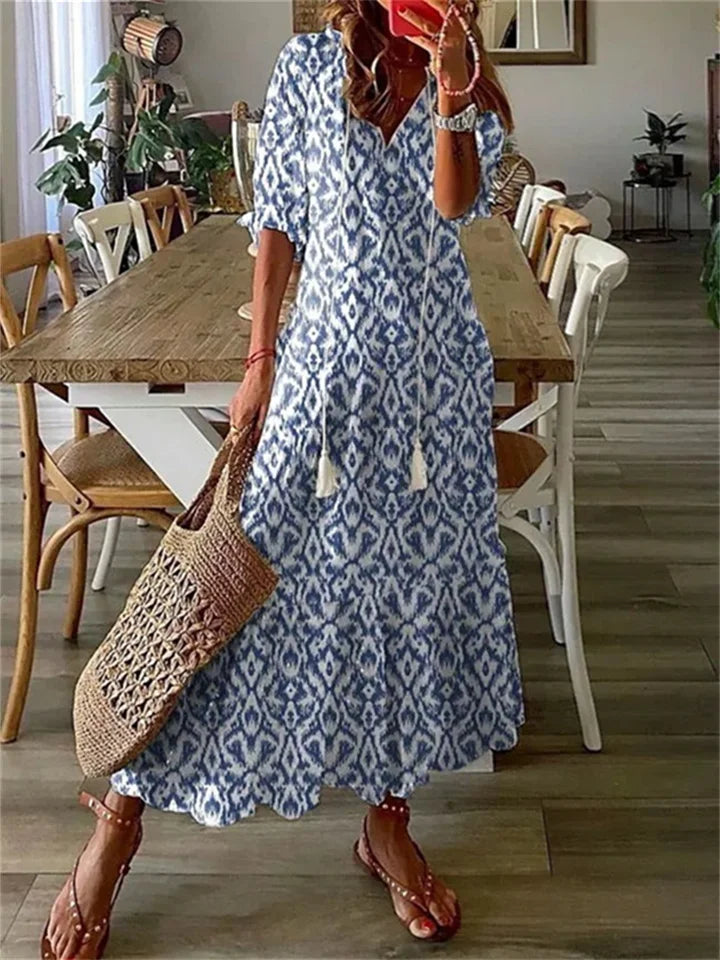 Womens Floral Print Maxi Dress with Half Sleeves and Tassel Tie