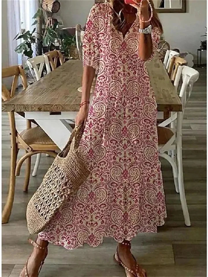 Womens Floral Print Maxi Dress with Half Sleeves and Tassel Tie