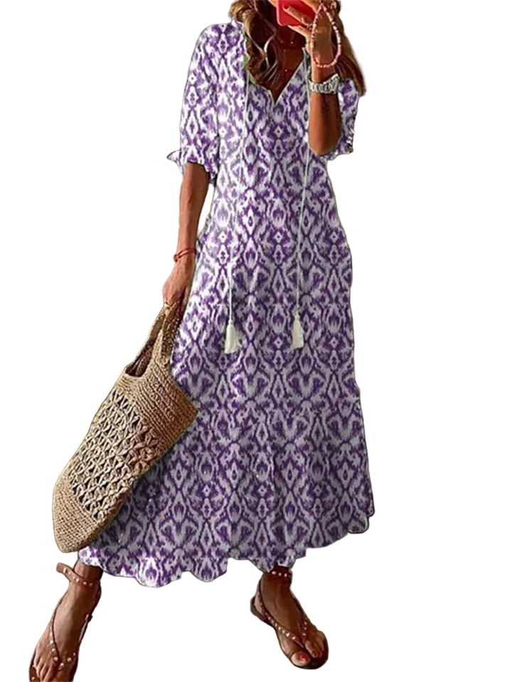 Womens Floral Print Maxi Dress with Half Sleeves and Tassel Tie