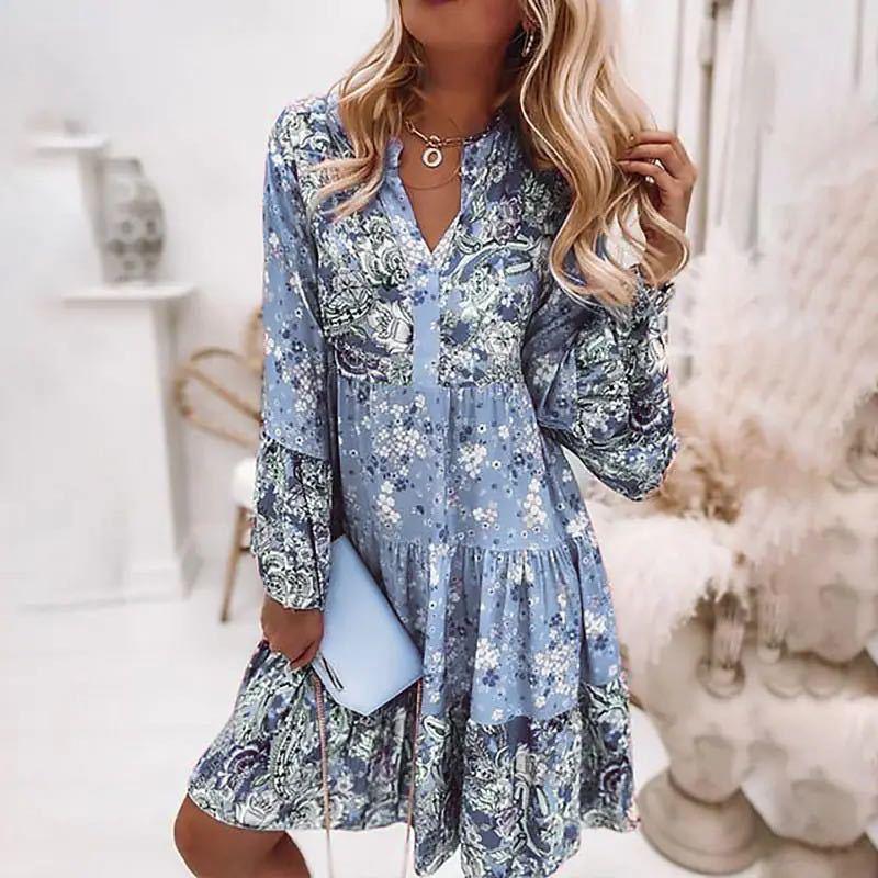 Womens Floral Print Tiered Mini Dress with Long Sleeves