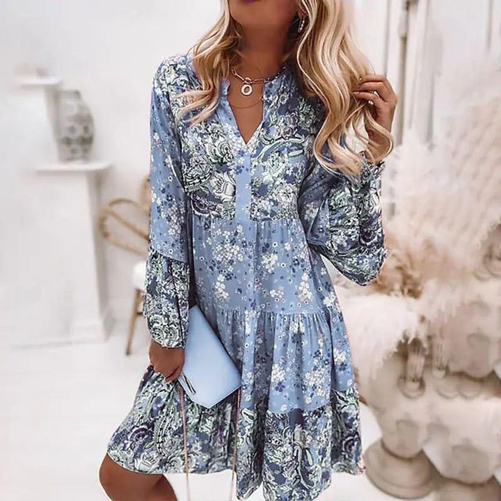 Womens Floral Print Tiered Mini Dress with Long Sleeves
