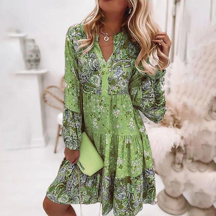 Womens Floral Print Tiered Mini Dress with Long Sleeves