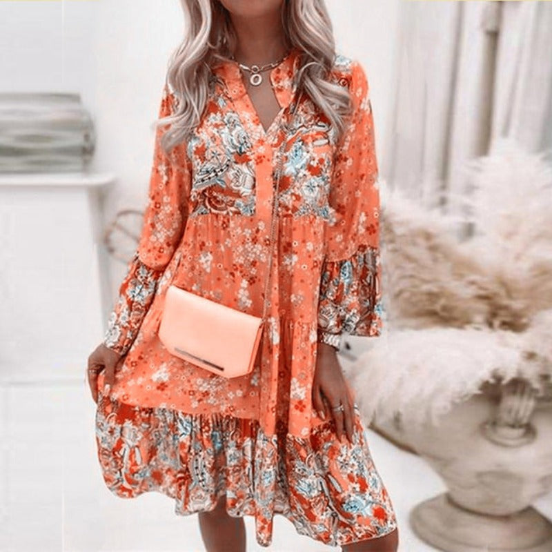 Womens Floral Print Tiered Mini Dress with Long Sleeves