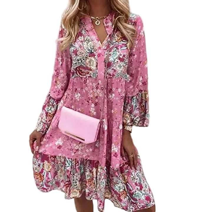 Womens Floral Print Tiered Mini Dress with Long Sleeves