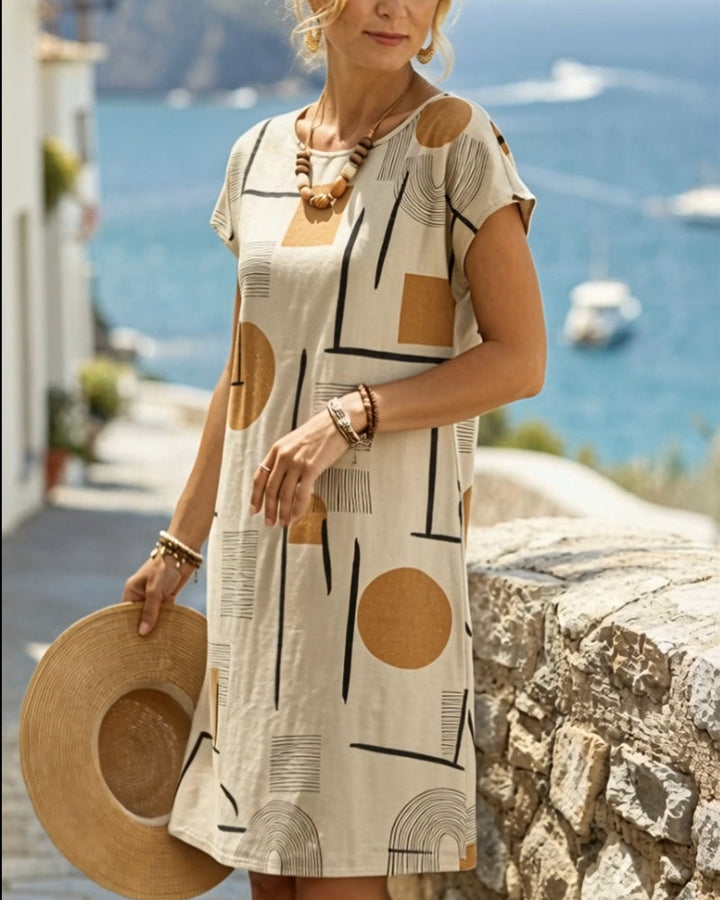 Womens Geometric Print Midi Dress with Short Sleeves