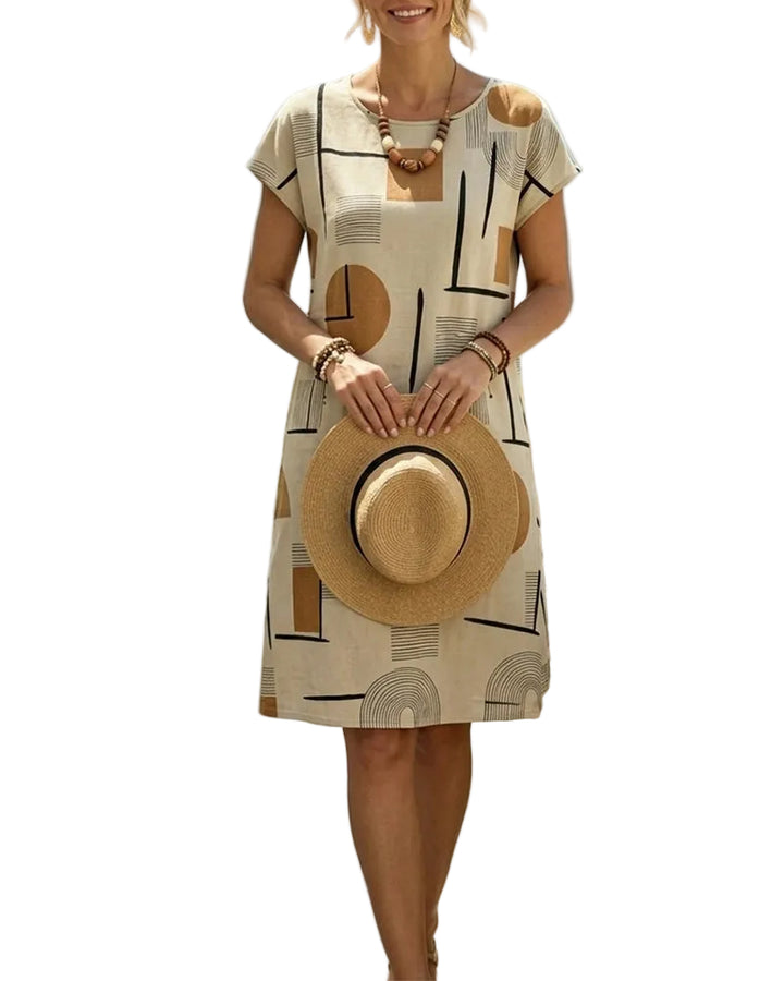 Womens Geometric Print Midi Dress with Short Sleeves