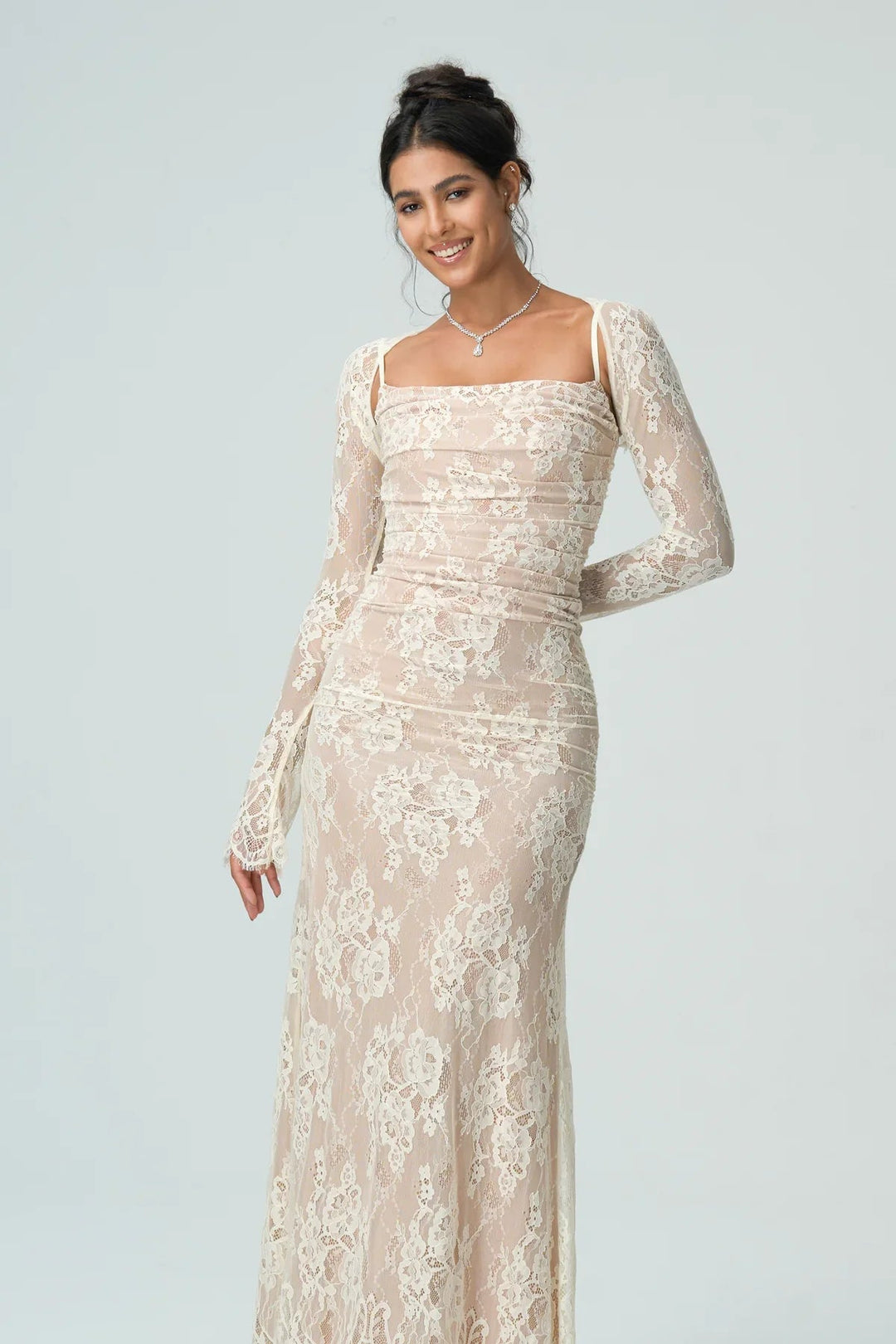 Womens Lace Maxi Dress with Square Neck and Long Sleeves