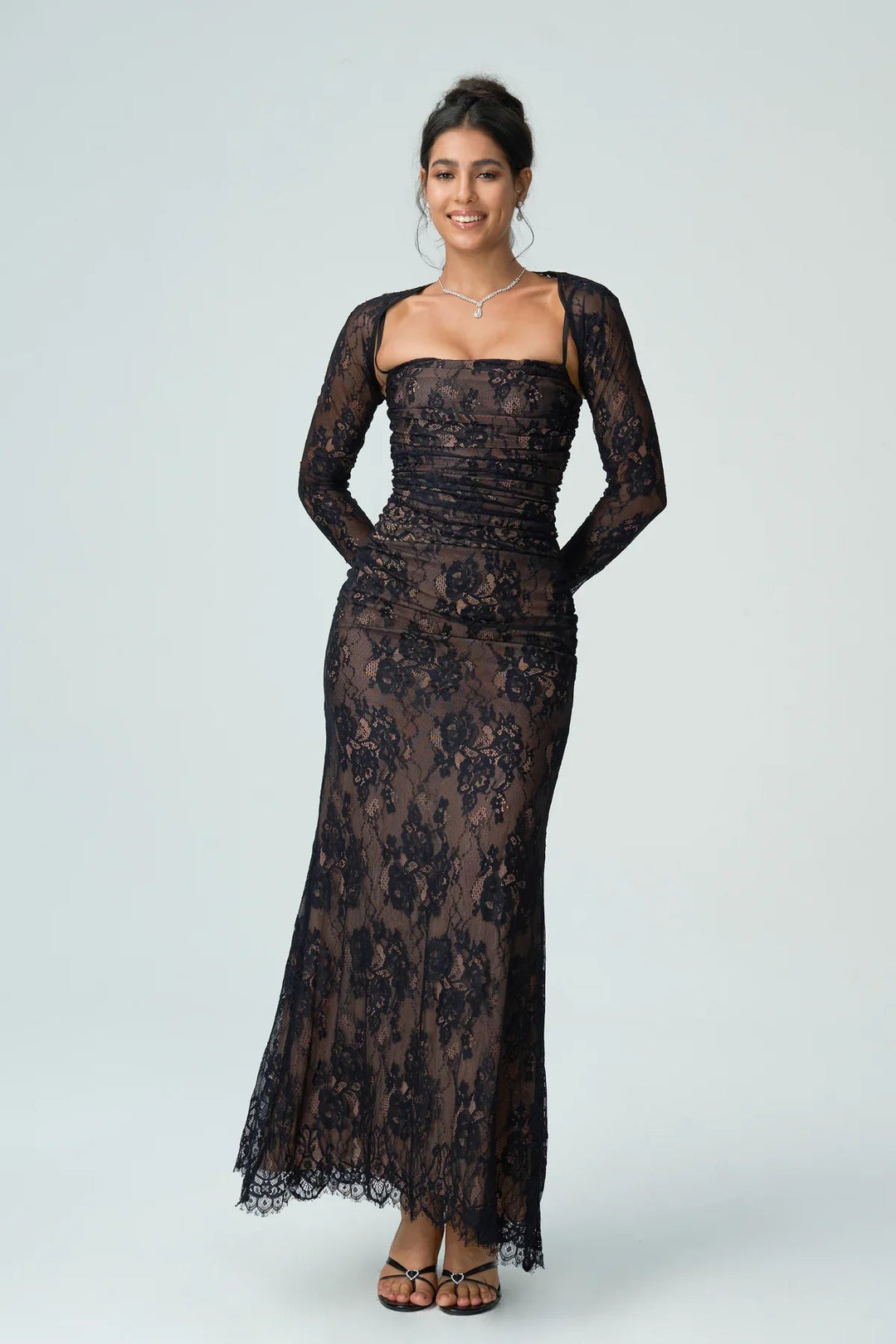 Womens Lace Maxi Dress with Square Neck and Long Sleeves