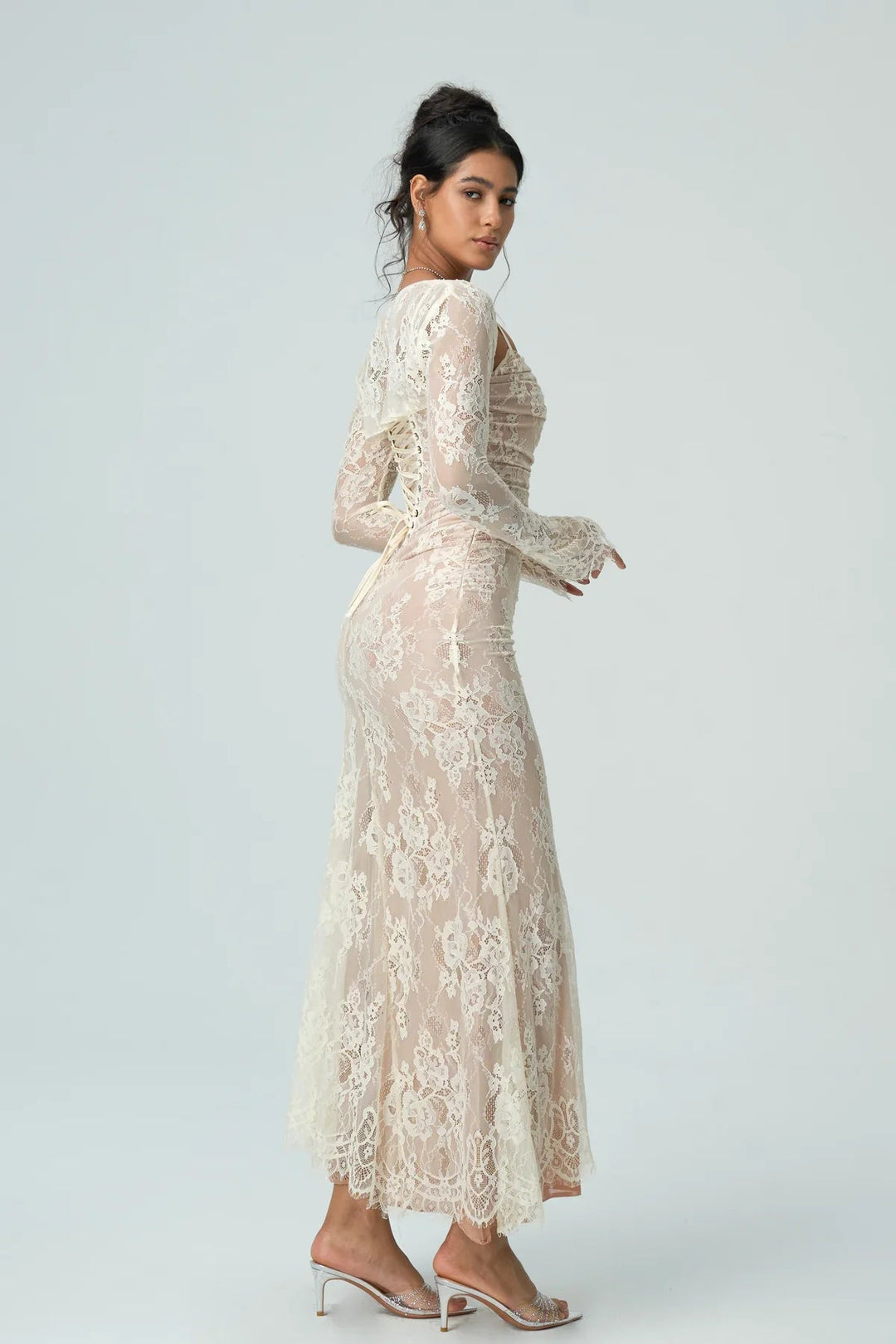 Womens Lace Maxi Dress with Square Neck and Long Sleeves