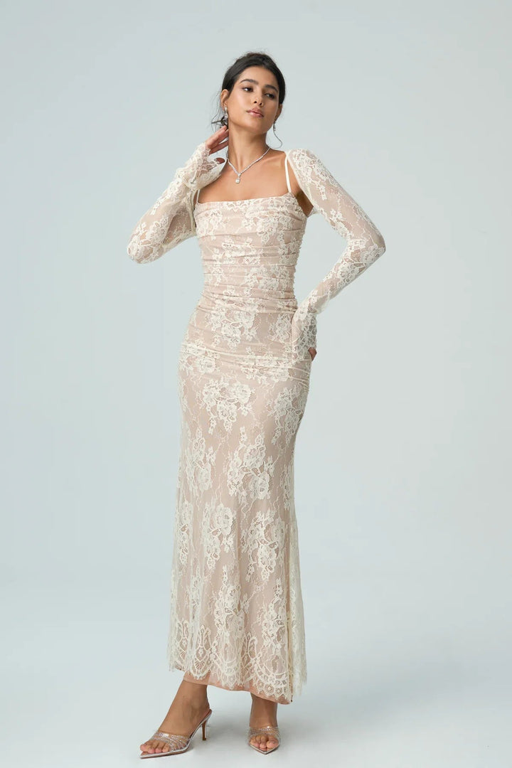 Womens Lace Maxi Dress with Square Neck and Long Sleeves