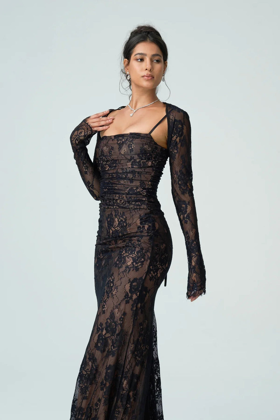 Womens Lace Maxi Dress with Square Neck and Long Sleeves