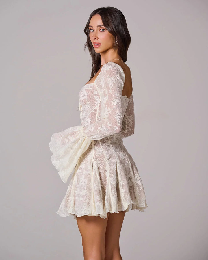 Womens Lace Mini Dress with Long Sleeves and Flared Cuffs