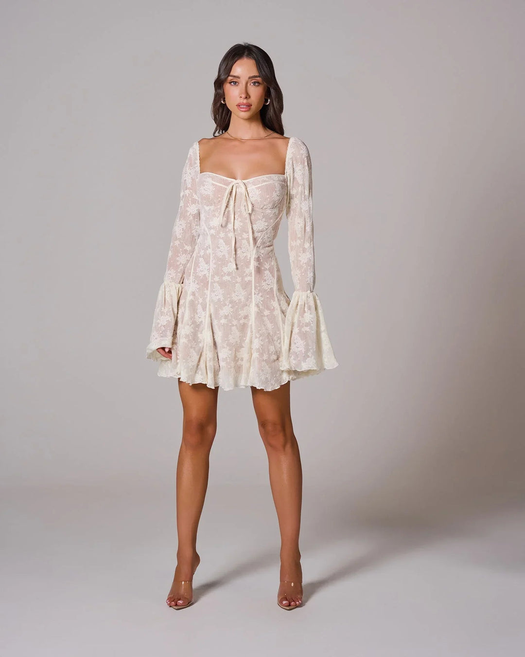 Womens Lace Mini Dress with Long Sleeves and Flared Cuffs