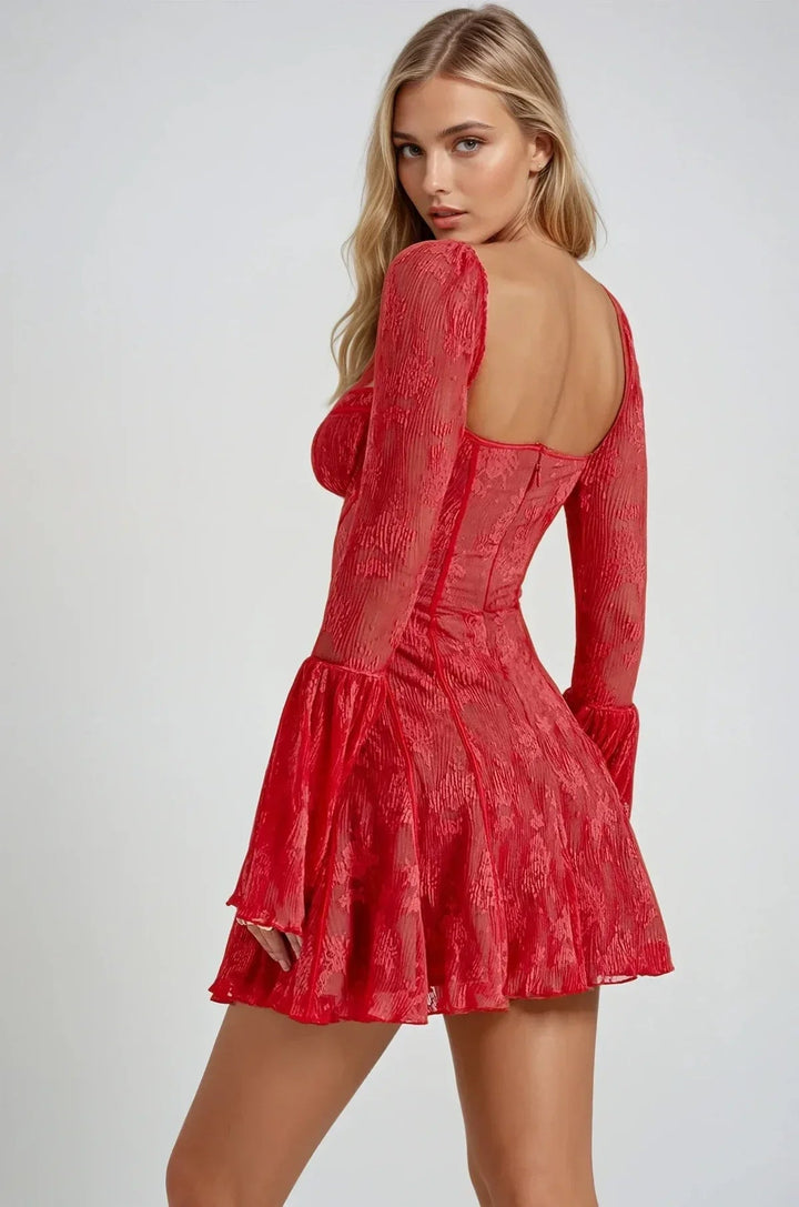 Womens Lace Mini Dress with Long Sleeves and Flared Cuffs