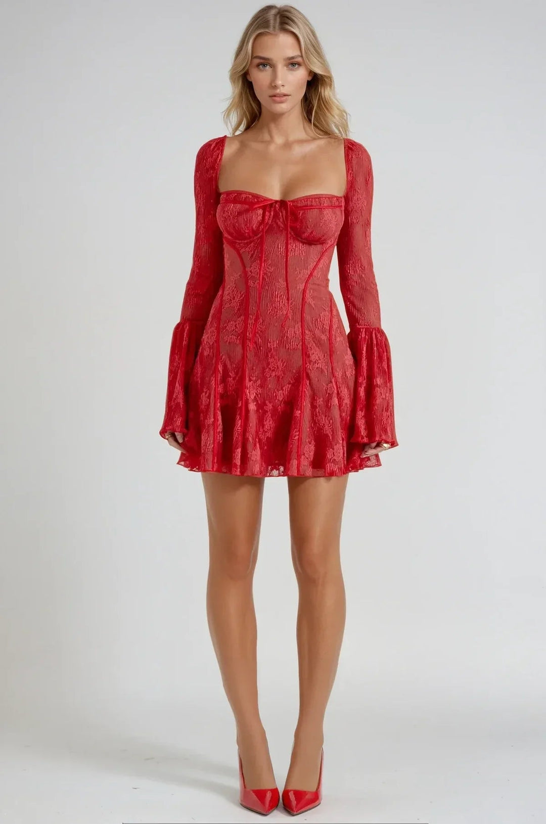 Womens Lace Mini Dress with Long Sleeves and Flared Cuffs