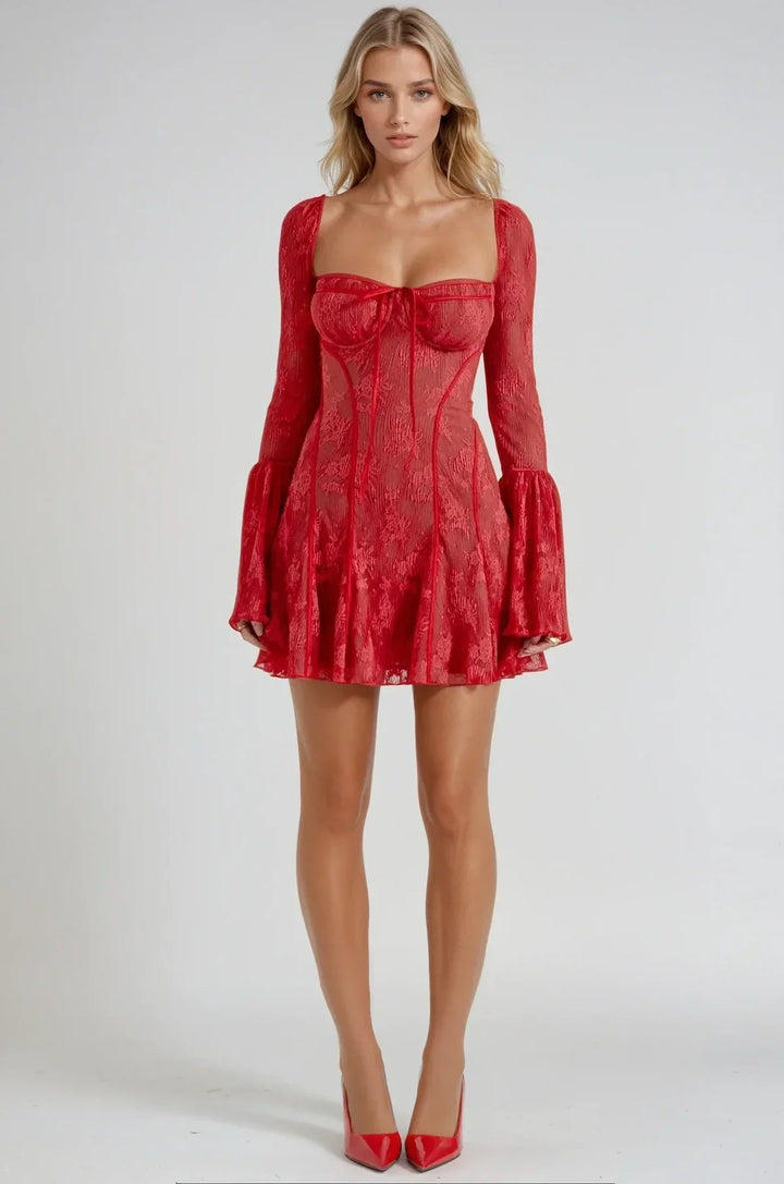 Womens Lace Mini Dress with Long Sleeves and Flared Cuffs