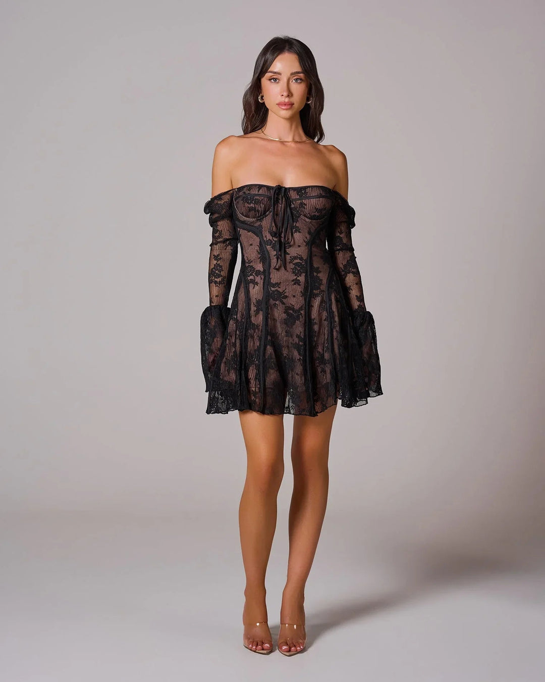 Womens Lace Mini Dress with Long Sleeves and Flared Cuffs