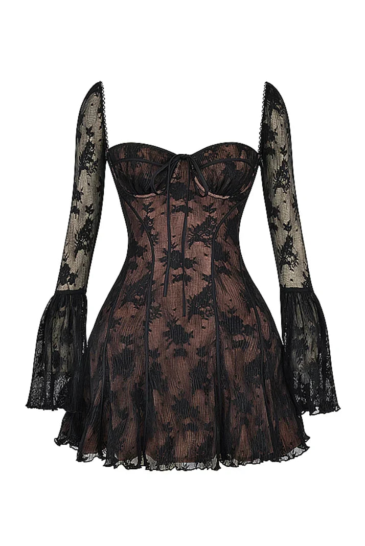 Womens Lace Mini Dress with Long Sleeves and Flared Cuffs
