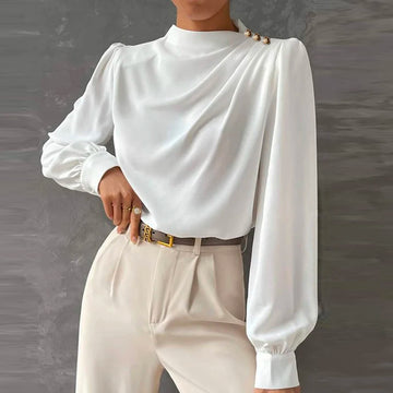 Womens Long Sleeve Blouse with Mock Neck and Button Shoulder Detail
