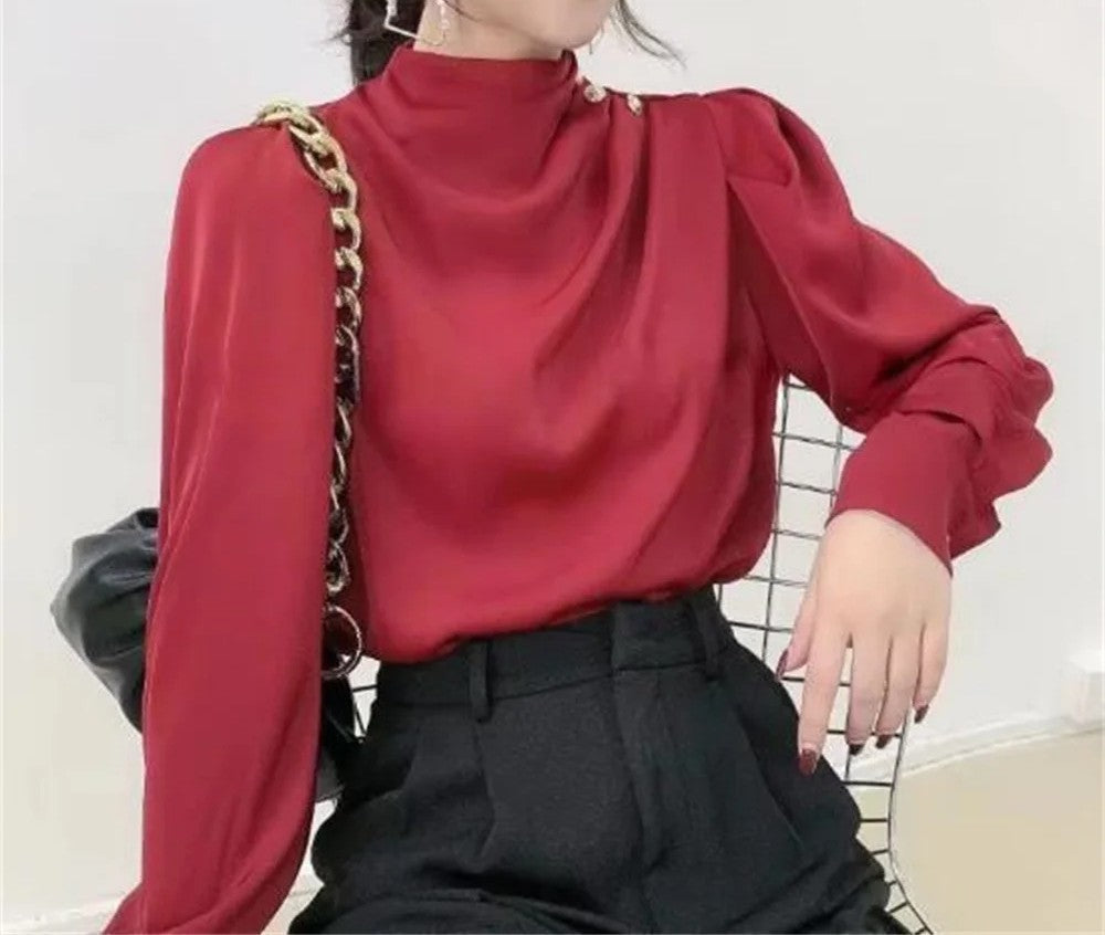 Womens Long Sleeve Blouse with Mock Neck and Button Shoulder Detail