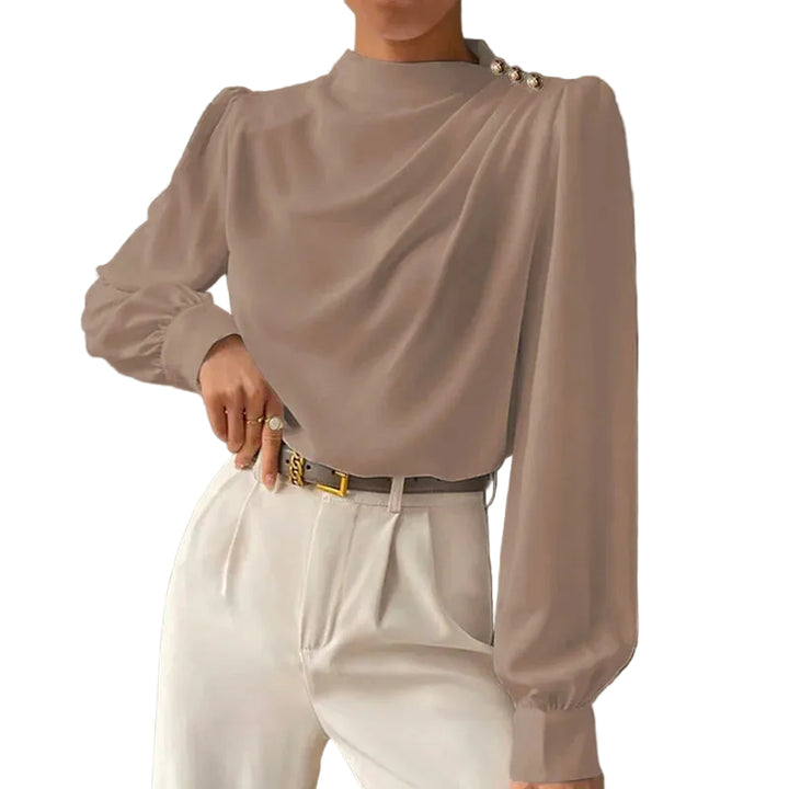 Womens Long Sleeve Blouse with Mock Neck and Button Shoulder Detail