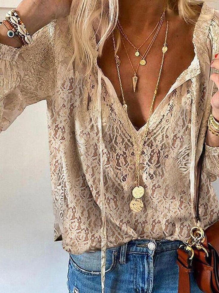 Womens Long Sleeve Blouse with V-Neck and Textured Pattern