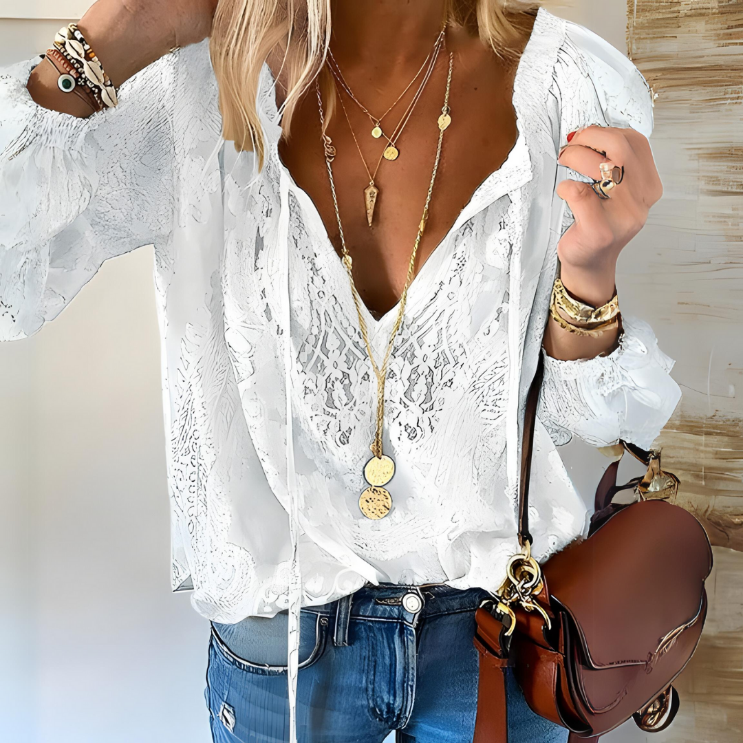 Womens Long Sleeve Blouse with V-Neck and Textured Pattern