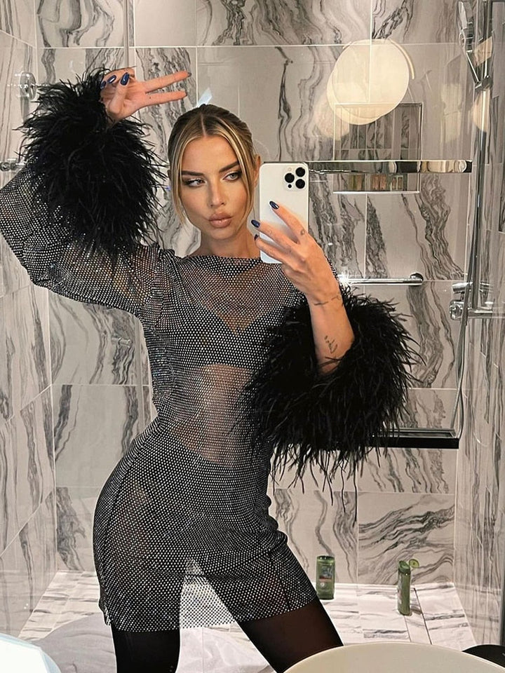 Womens Long Sleeve Sequin Mini Dress with Feather Trim Cuffs
