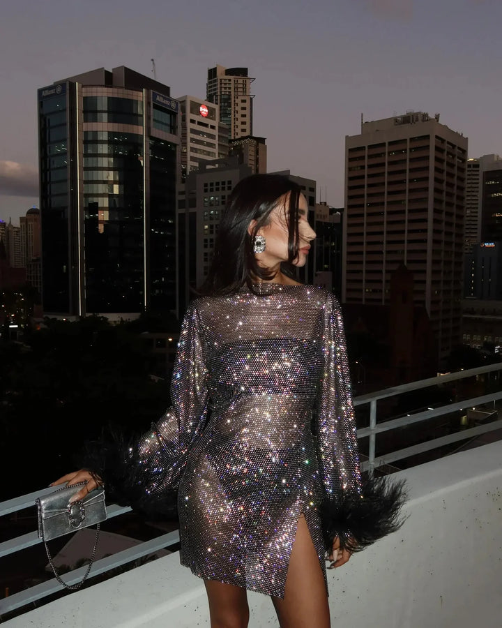 Womens Long Sleeve Sequin Mini Dress with Feather Trim Cuffs