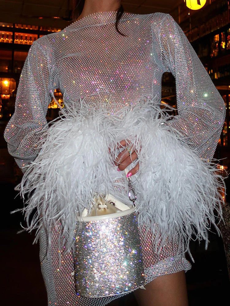 Womens Long Sleeve Sequin Mini Dress with Feather Trim Cuffs