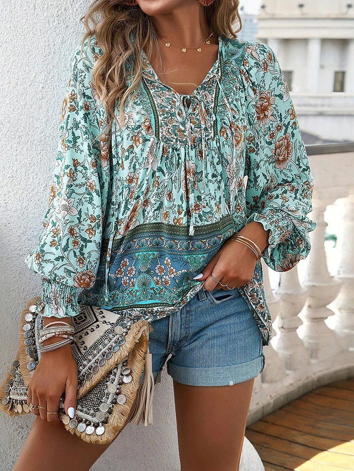 Women’s Long Sleeve Top with V Neck and Tie Front Detail