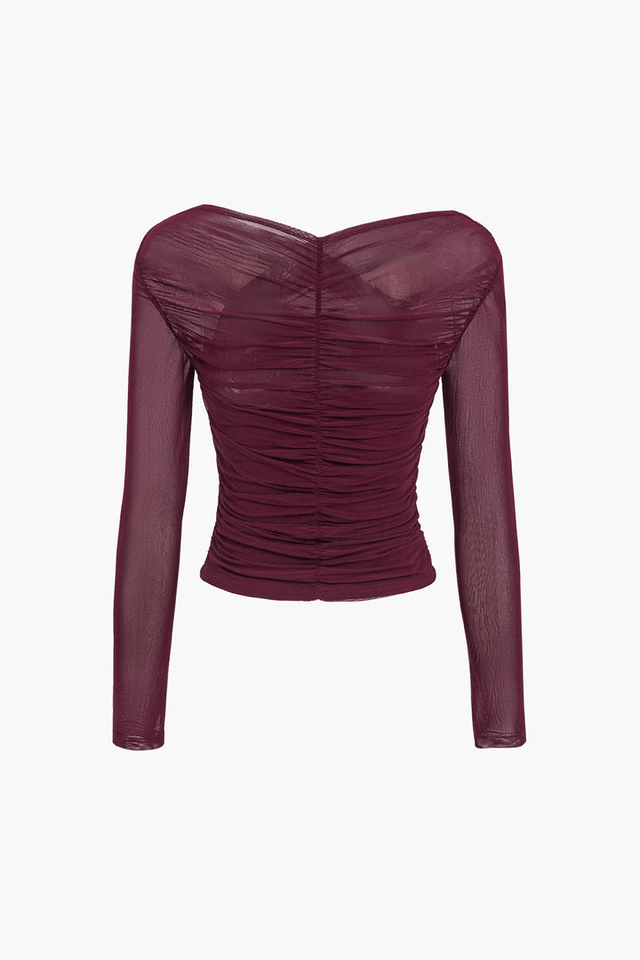 Womens Mesh Long Sleeve Top with Ruched Wrap Front