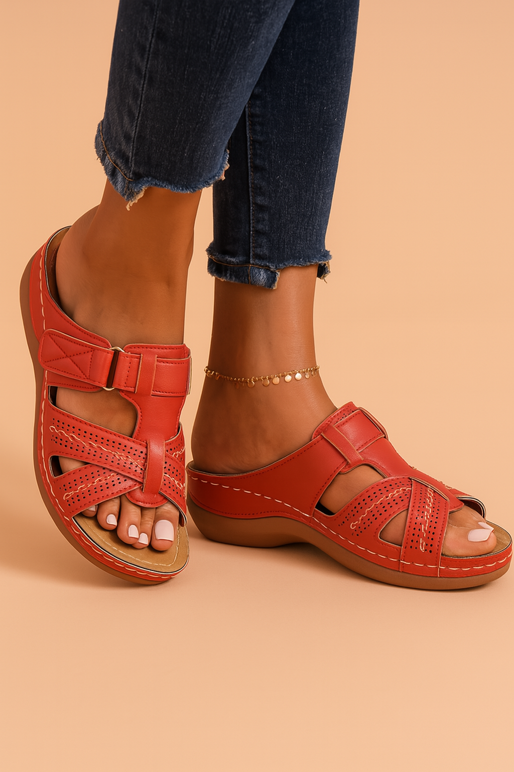 Womens Open Toe Slip-On Sandals with Cutout Straps