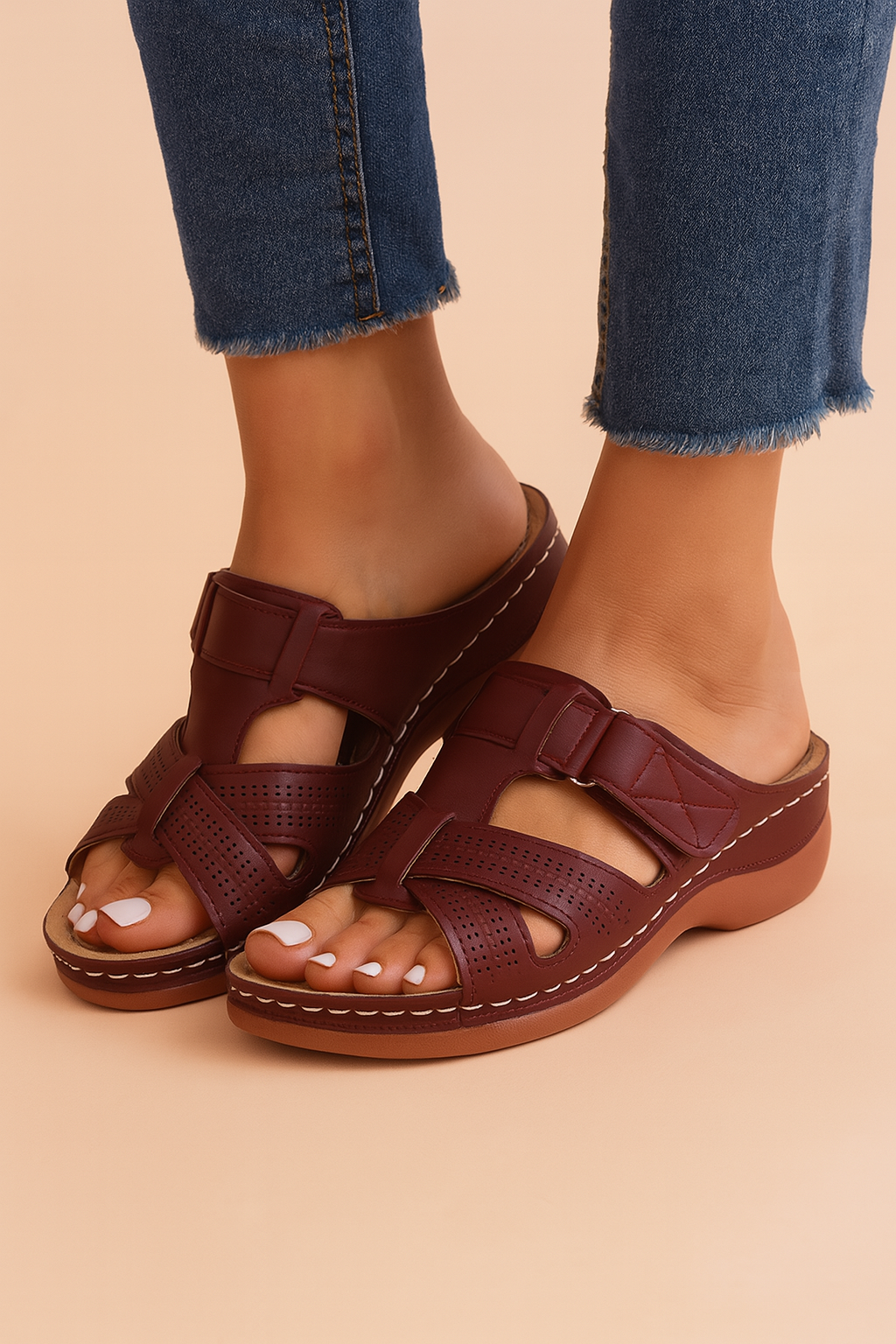 Womens Open Toe Slip-On Sandals with Cutout Straps
