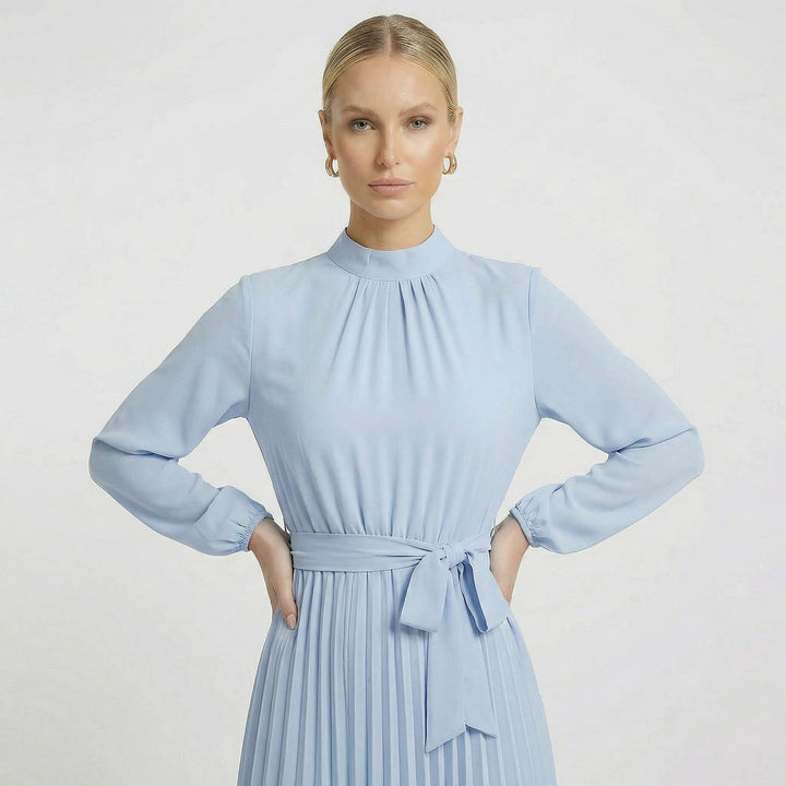 Womens Pleated Midi Dress with Mock Neck and Waist Tie