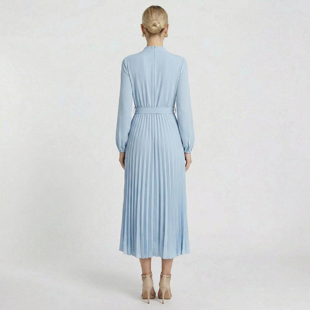 Womens Pleated Midi Dress with Mock Neck and Waist Tie