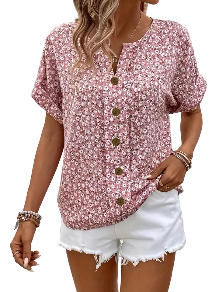 Women’s Short Sleeve Top with V Neck and Button Front