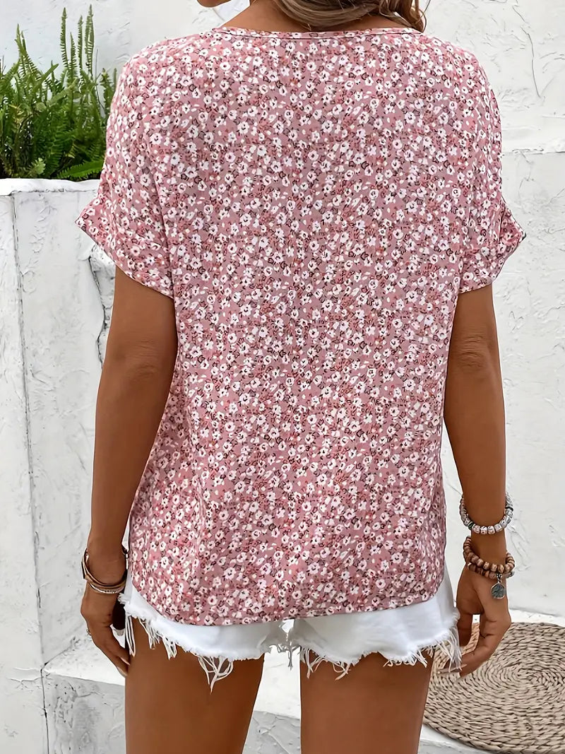Women’s Short Sleeve Top with V Neck and Button Front