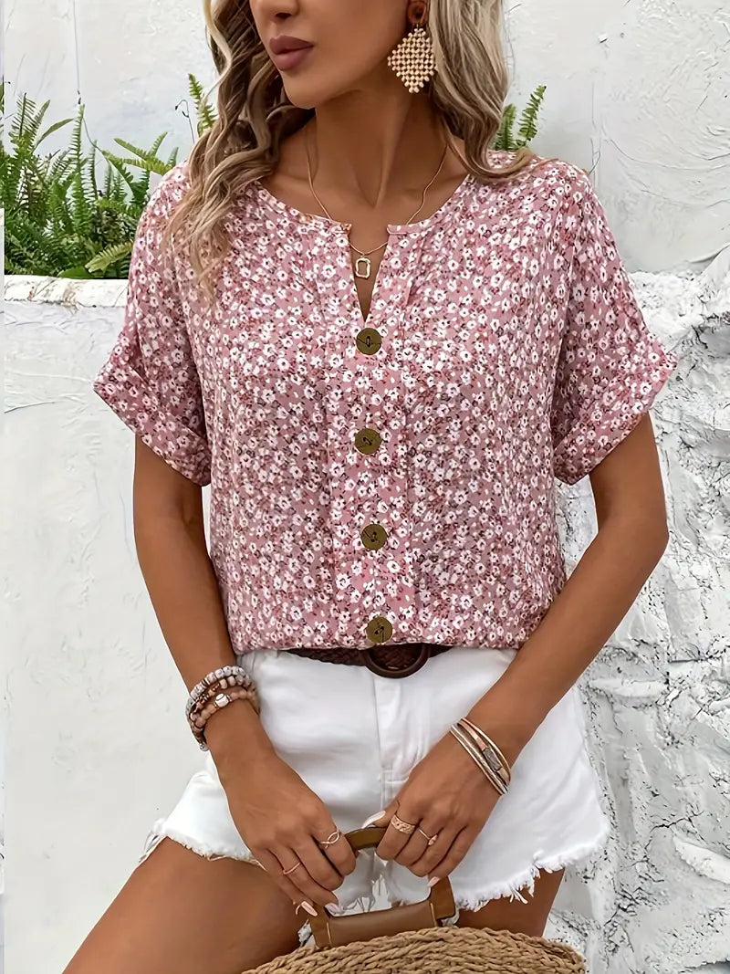 Women’s Short Sleeve Top with V Neck and Button Front