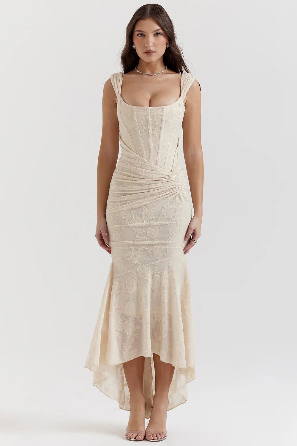 Womens Sleeveless Lace Maxi Dress with Draped Waist Detail
