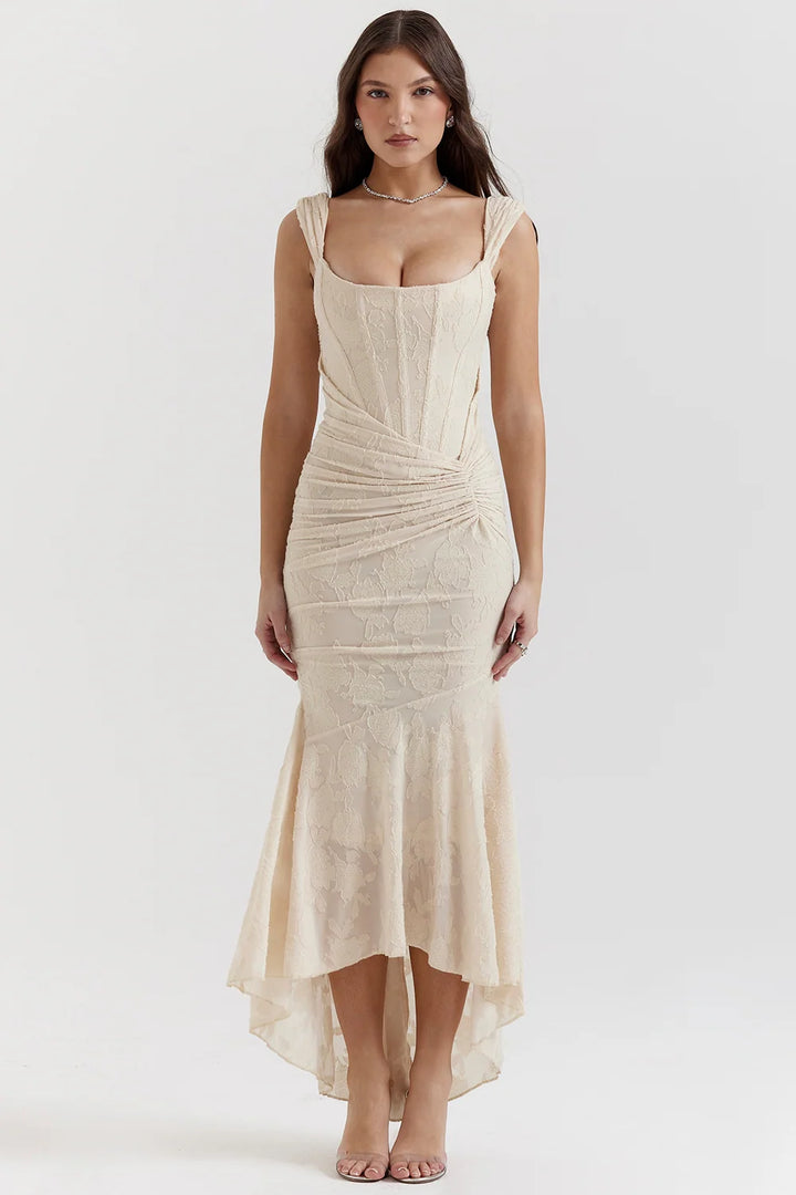 Womens Sleeveless Lace Maxi Dress with Draped Waist Detail
