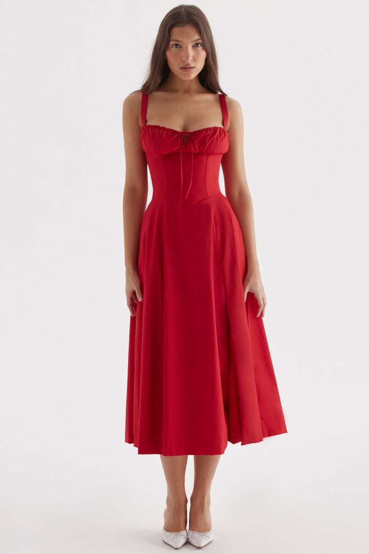 Womens Sleeveless Midi Dress with Gathered Bust Detail