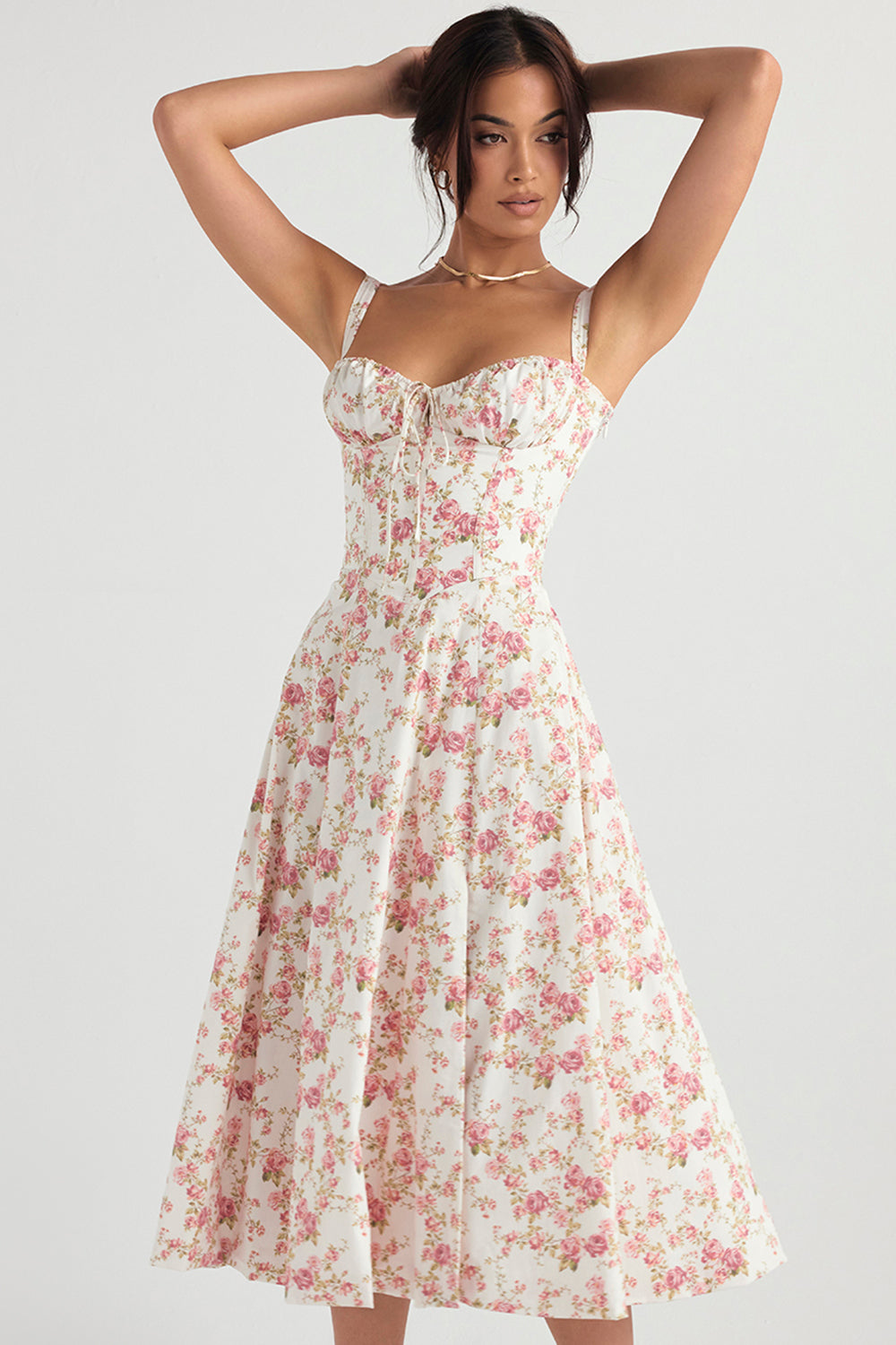 Womens Sleeveless Midi Dress with Gathered Bust Detail